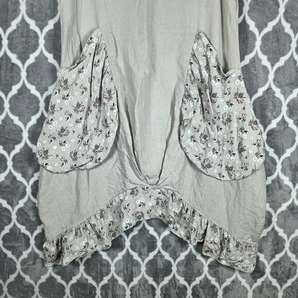Tera Bora Cottage Dress Womens Small Beige Linen Floral Pockets Ruffle Prairie - Picture 2 of 11